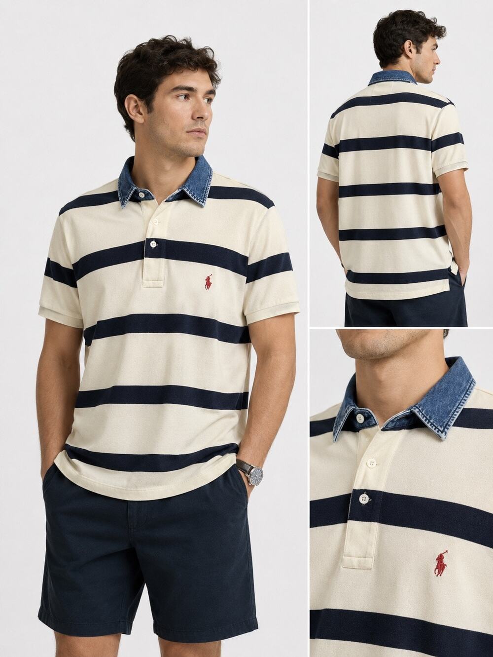 Polo By Ralph Lauren Vintage Denim Collar Striped Polo Cream Navy Blue Size XL